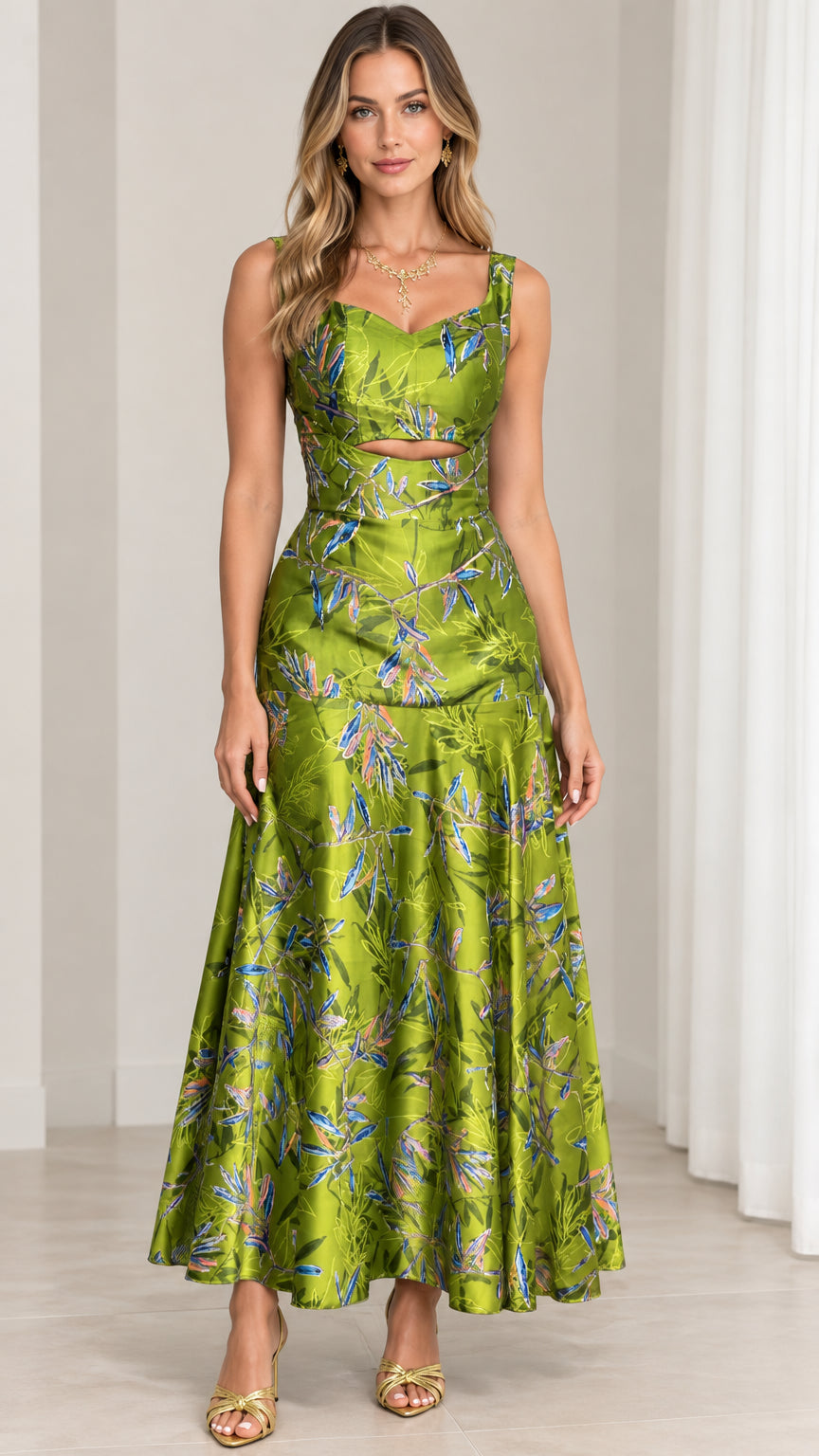 Front view of model wearing lime green floral jacquard sleeveless cutout maxi dress