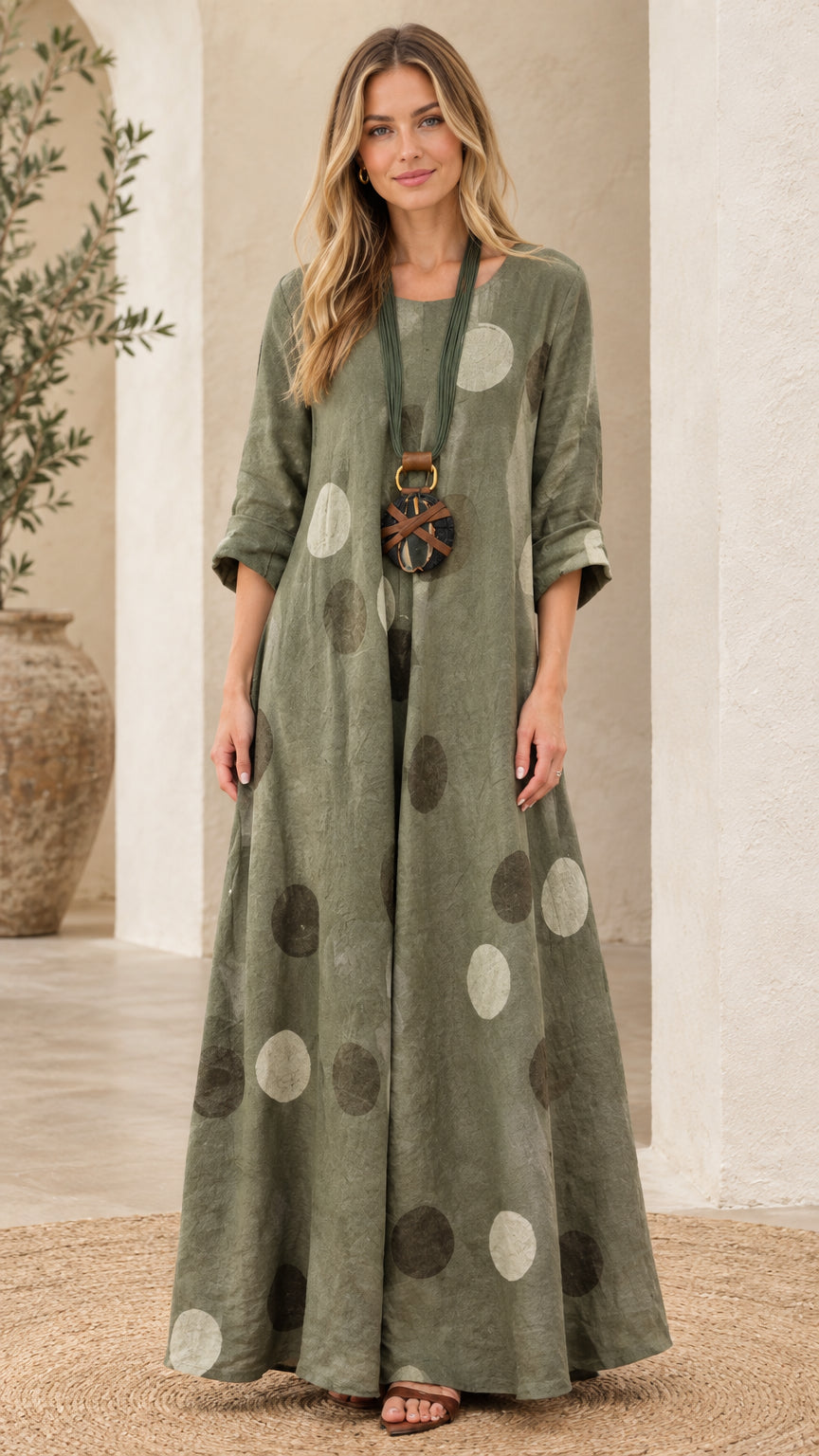 Front view of woman wearing sage green polka dot relaxed maxi dress
