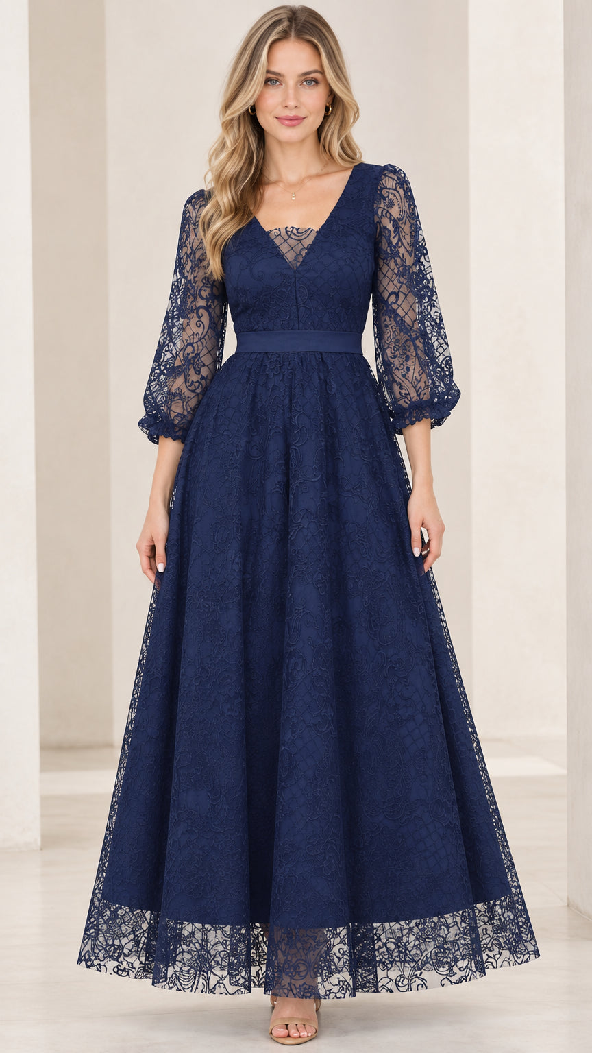 Front view of woman wearing navy blue floral lace maxi dress with 3/4 sleeves