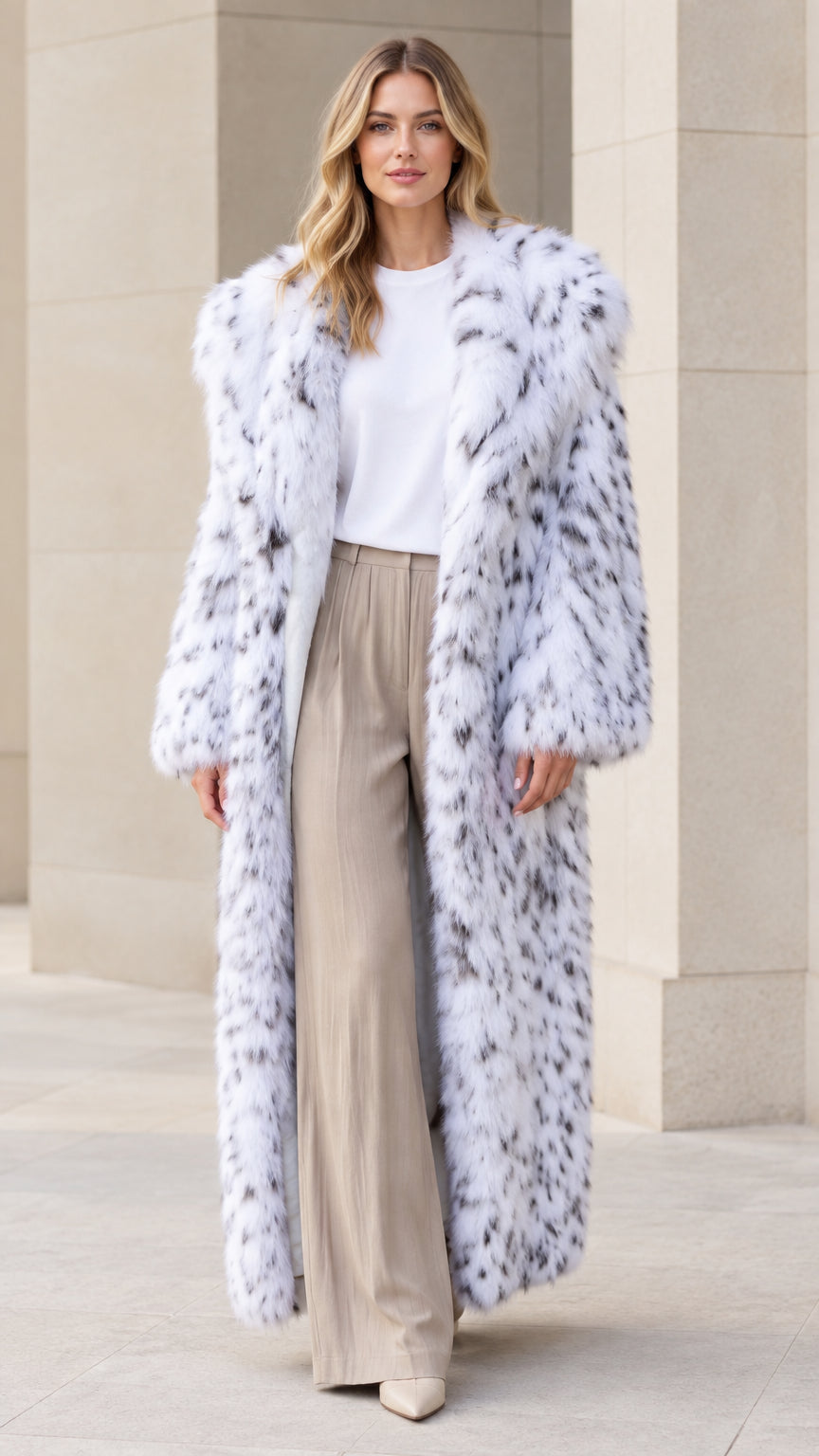 Front view of model wearing full-length snow white speckled faux fur coat