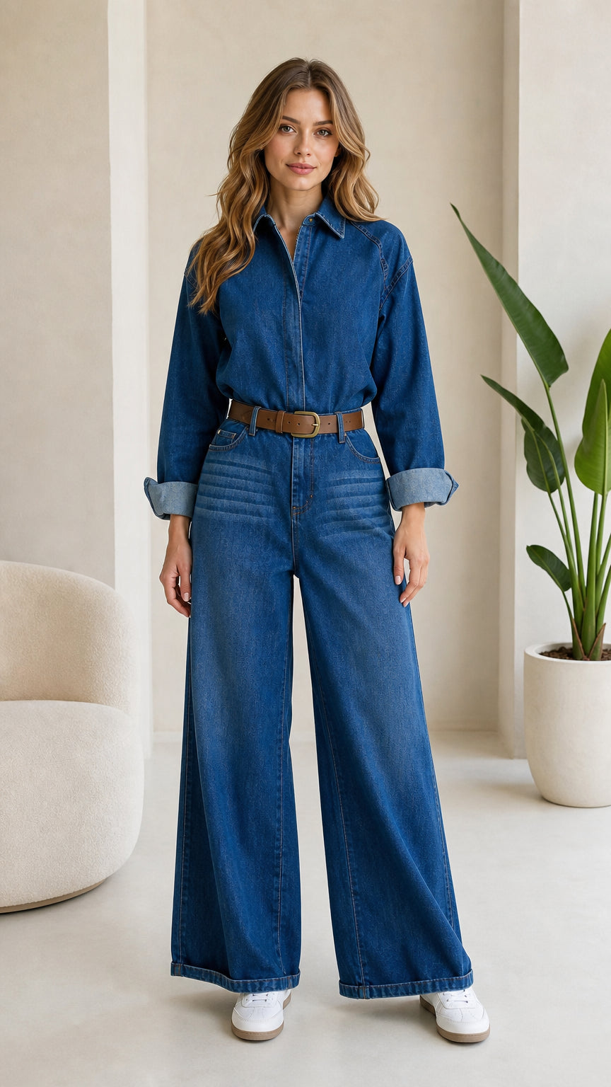 Front view of woman wearing Medium Blue wide leg denim jumpsuit with brown belt