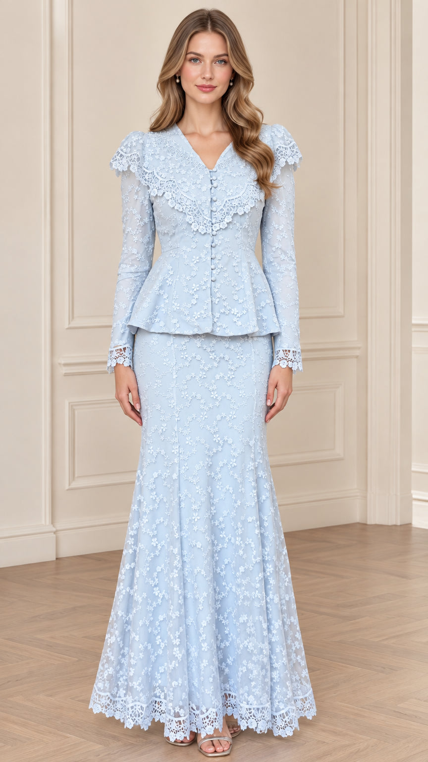 Light Blue floral lace peplum jacket and maxi skirt two-piece set - front view