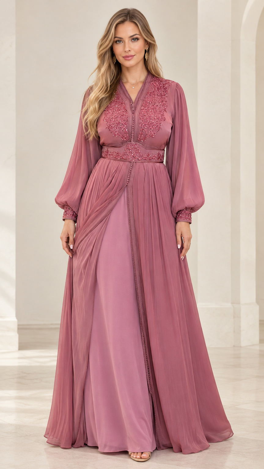 Dusty rose embroidered long sleeve maxi evening gown front view