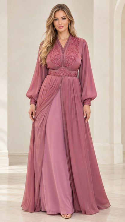 Dusty rose embroidered long sleeve maxi evening gown front view