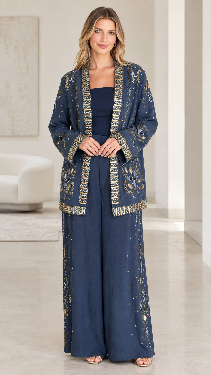 Front full-length view of navy blue embroidered evening pant suit set with open-front jacket and wide-leg pants