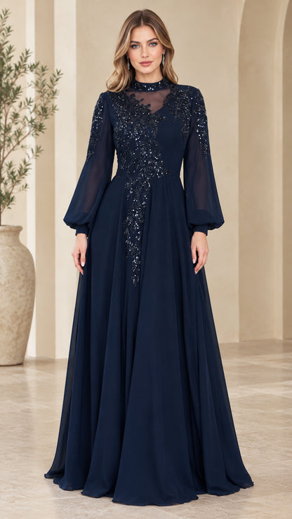 Front full-length view of navy blue sequin embroidered illusion neck maxi evening dress