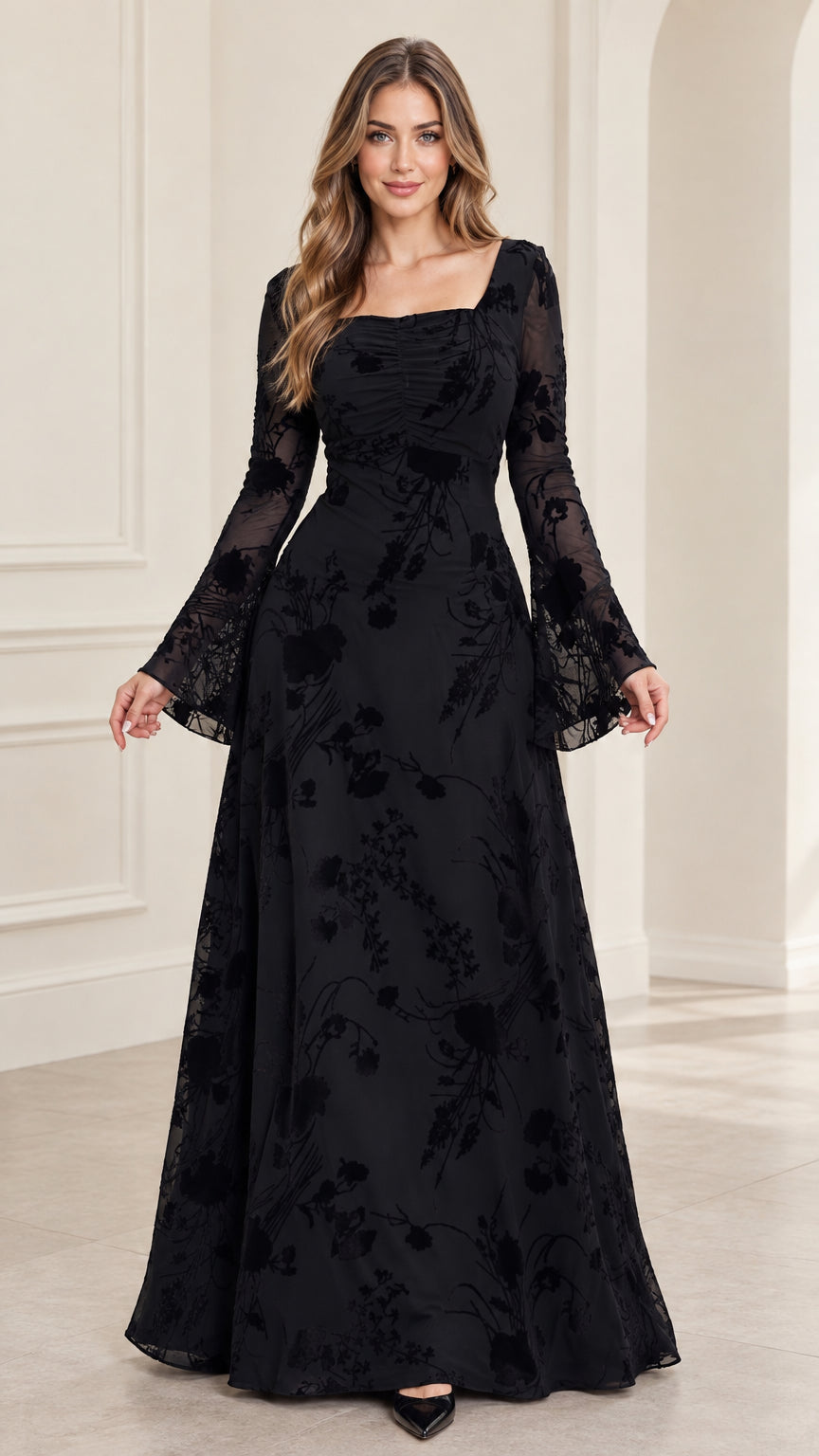 Front view of model wearing black square neck floral burnout maxi dress with bell sleeves