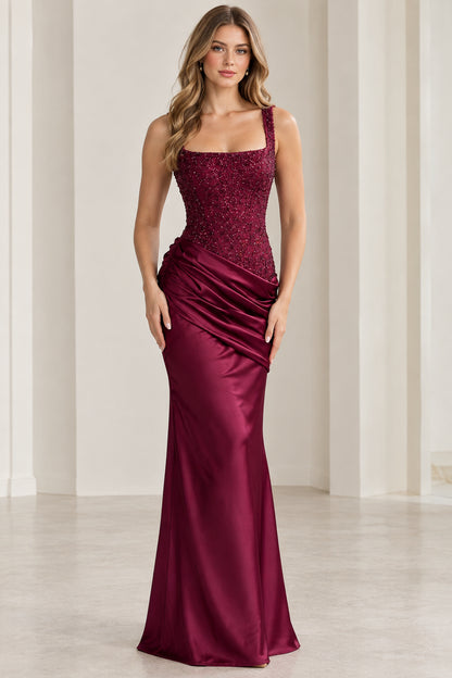 Burgundy square neck beaded corset satin evening gown front view