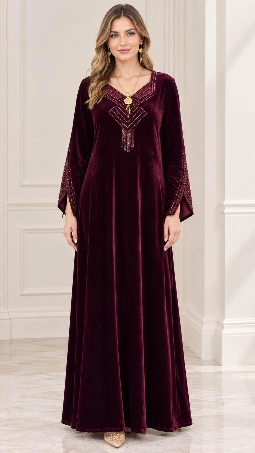 Burgundy embellished velvet maxi dress front view