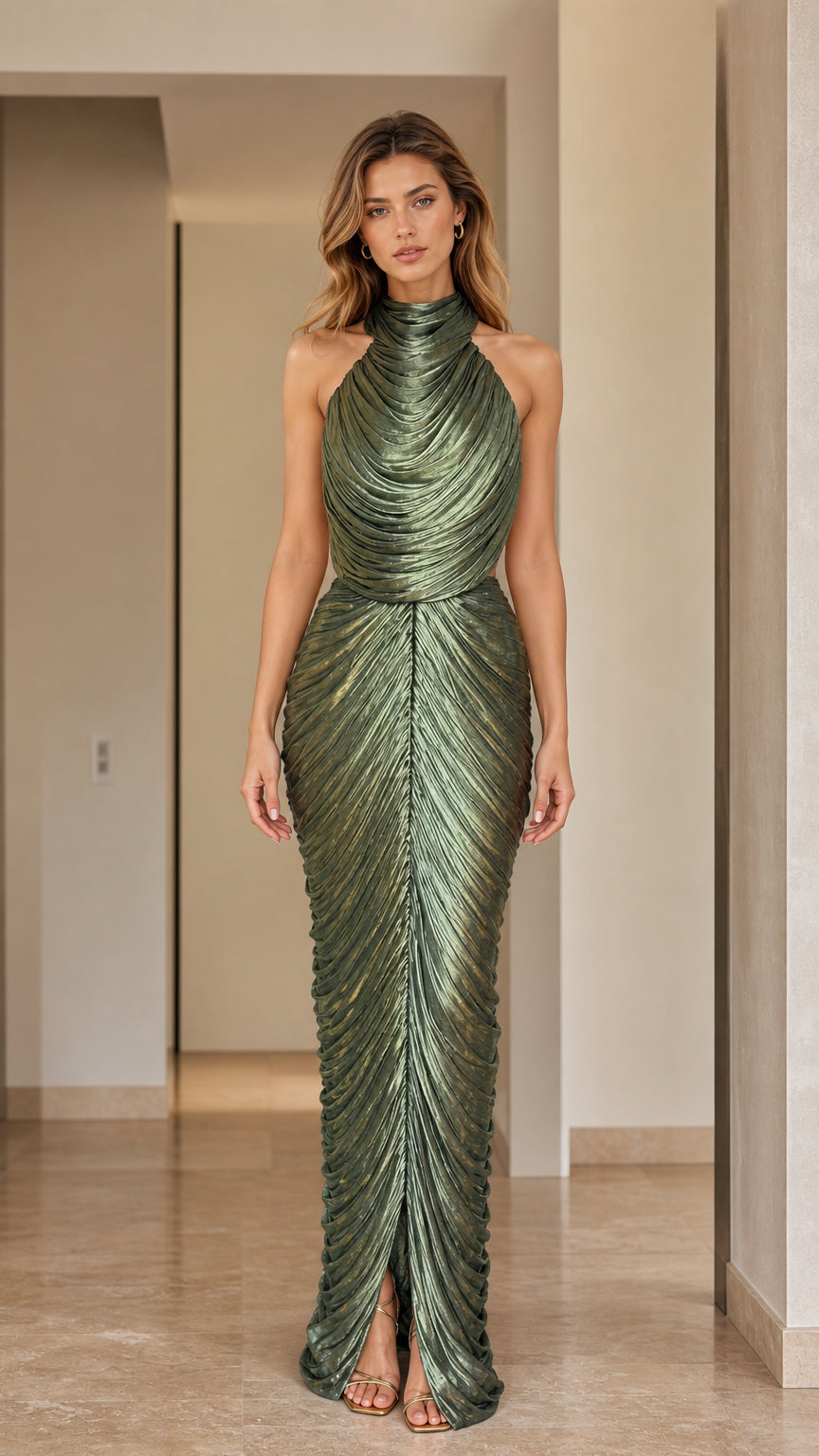 Front view of woman wearing olive green pleated metallic backless maxi gown