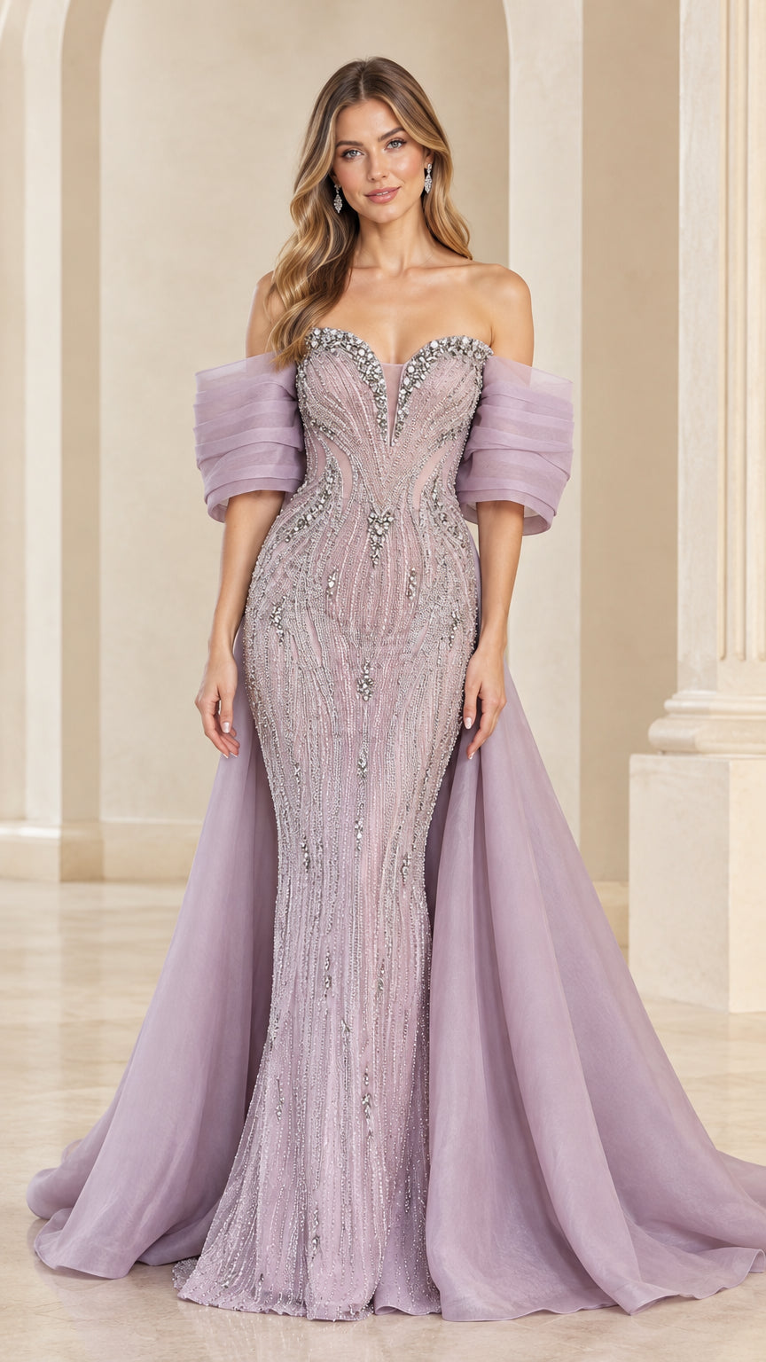 Lavender beaded mermaid formal gown with pleated off-shoulder sleeves and overskirt train