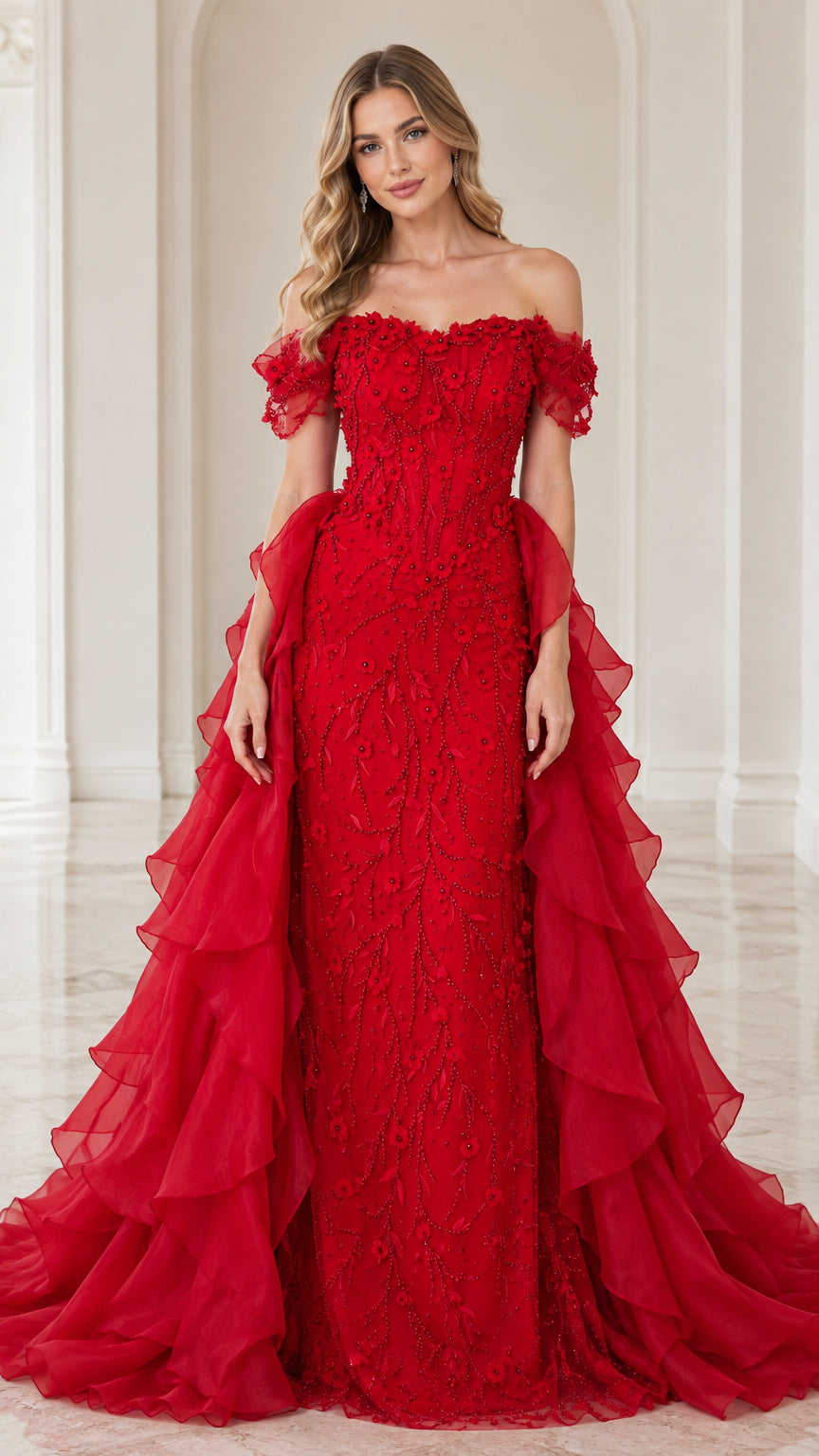 Full front view of off-the-shoulder red floral applique evening gown with cascading tiered ruffle train