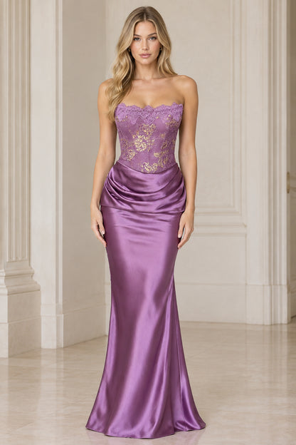 Purple strapless evening gown with gold embroidered lace corset and draped satin mermaid skirt - front view