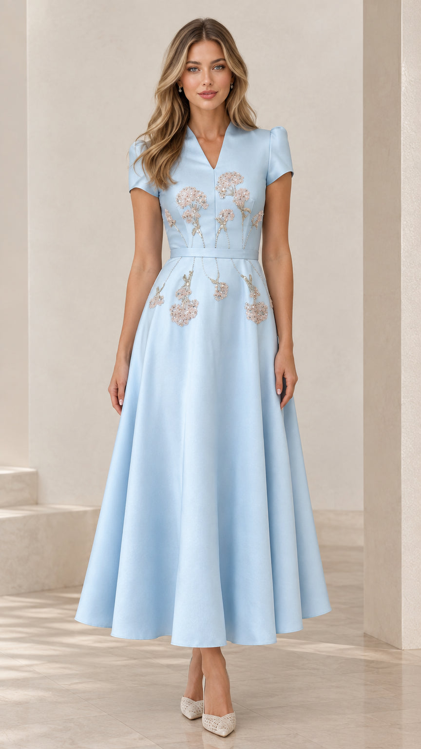 Front full-length view of model wearing light blue floral embroidered A-line evening dress