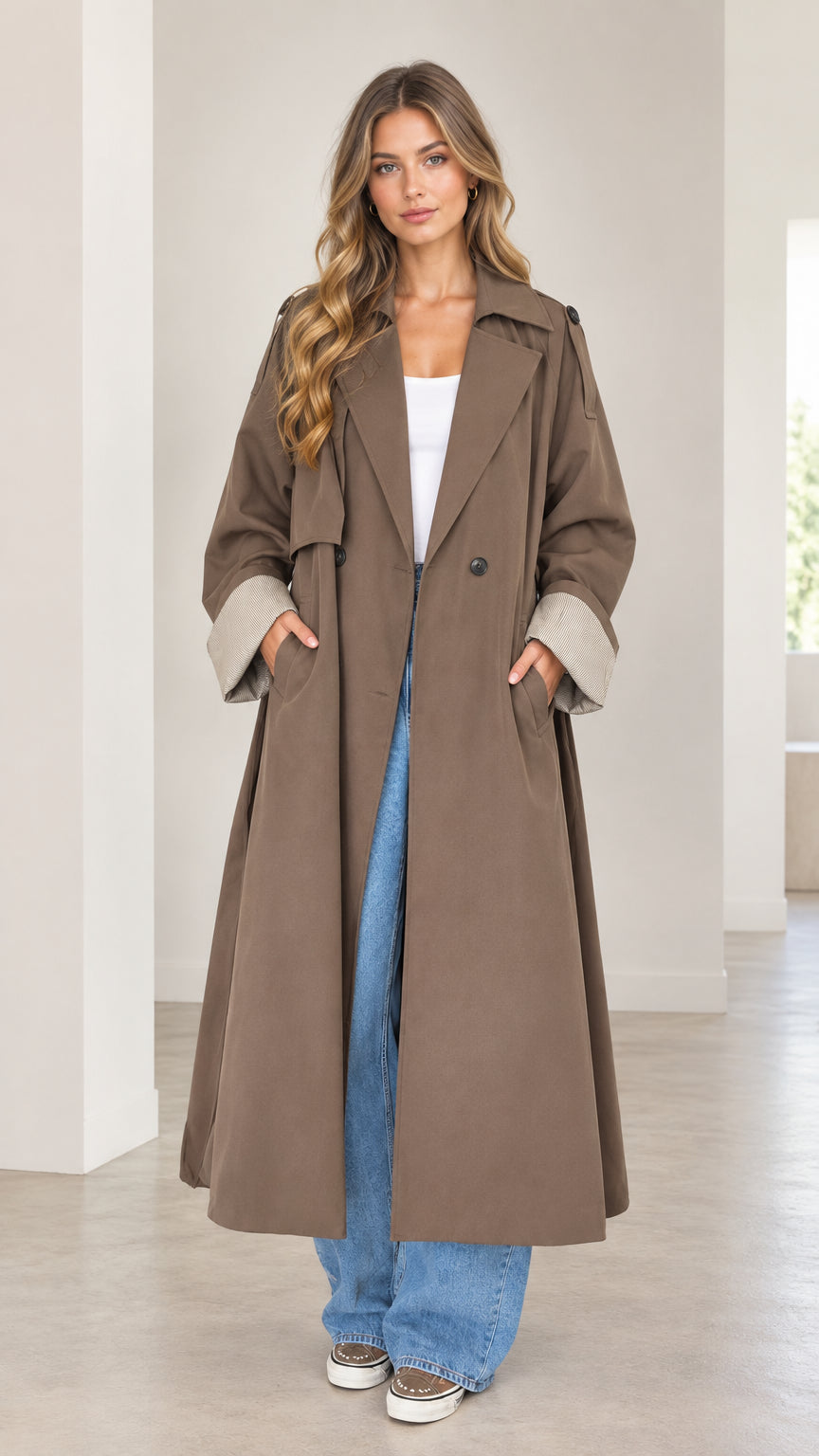 Front full-length view of woman wearing mocha brown oversized maxi trench coat with turned-up cuffs