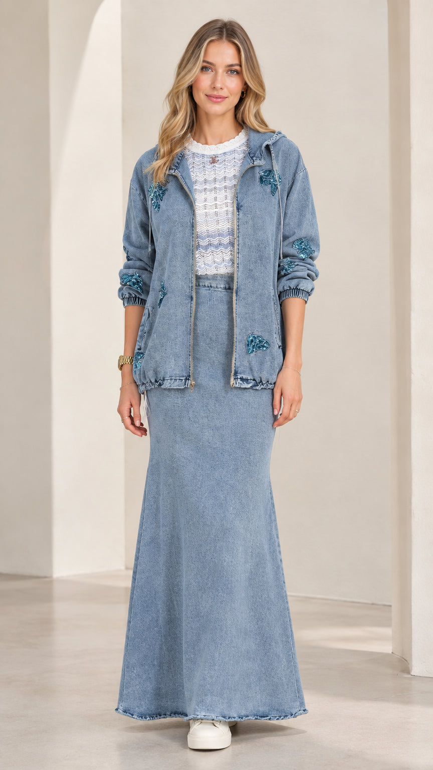 Full front view of model wearing Light Blue hooded denim jacket and matching maxi skirt set