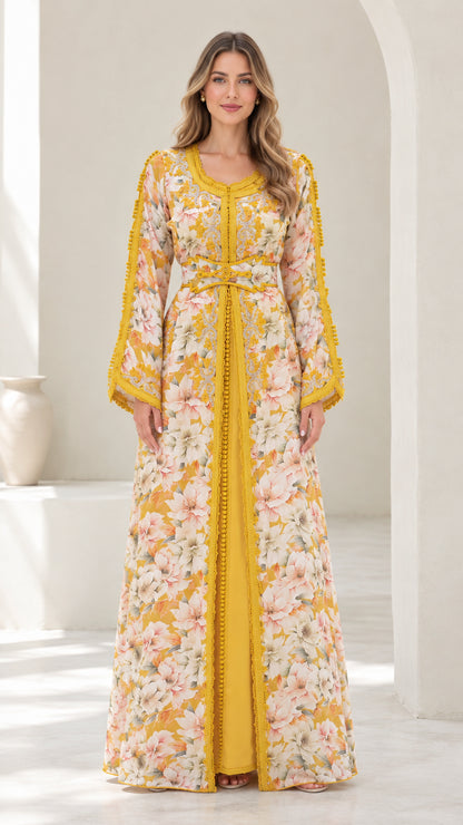 Front view of model wearing mustard yellow floral embroidered Moroccan kaftan maxi dress