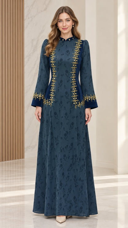 Teal blue floral jacquard maxi dress with gold embroidery and velvet stand collar front view