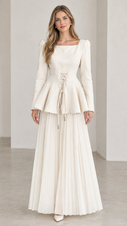 Off-white square neck long sleeve corset peplum maxi dress front view