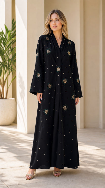 Front view of black crystal floral embellished modest long sleeve abaya maxi dress