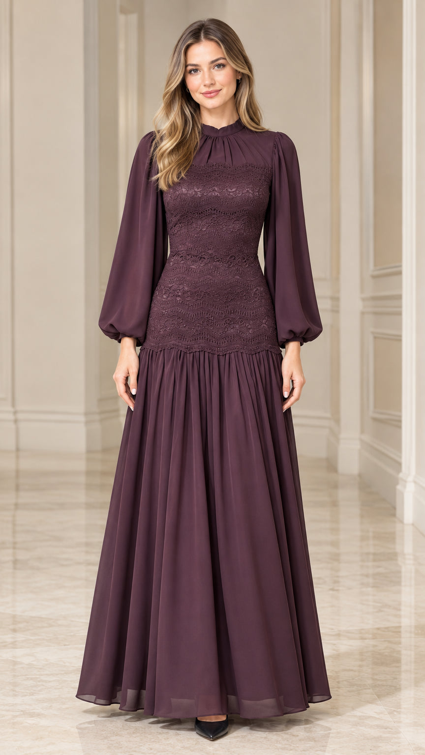 Front view of woman wearing Plum mock neck lace bodice long sleeve chiffon maxi dress
