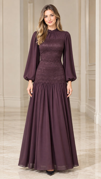 Front view of woman wearing Plum mock neck lace bodice long sleeve chiffon maxi dress