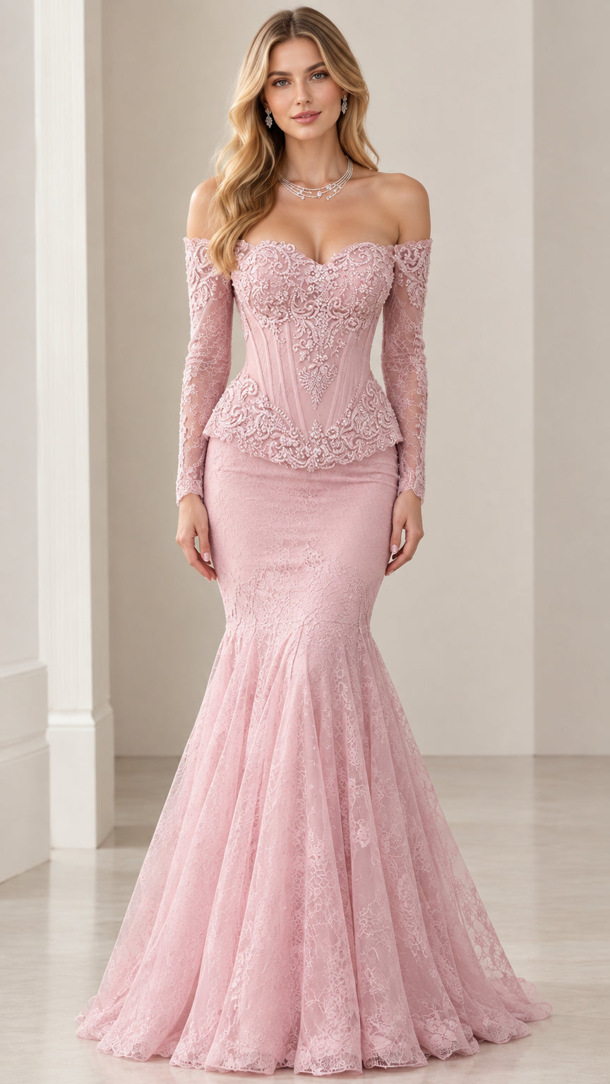 Front view of model wearing dusty pink off-the-shoulder lace corset peplum mermaid evening gown