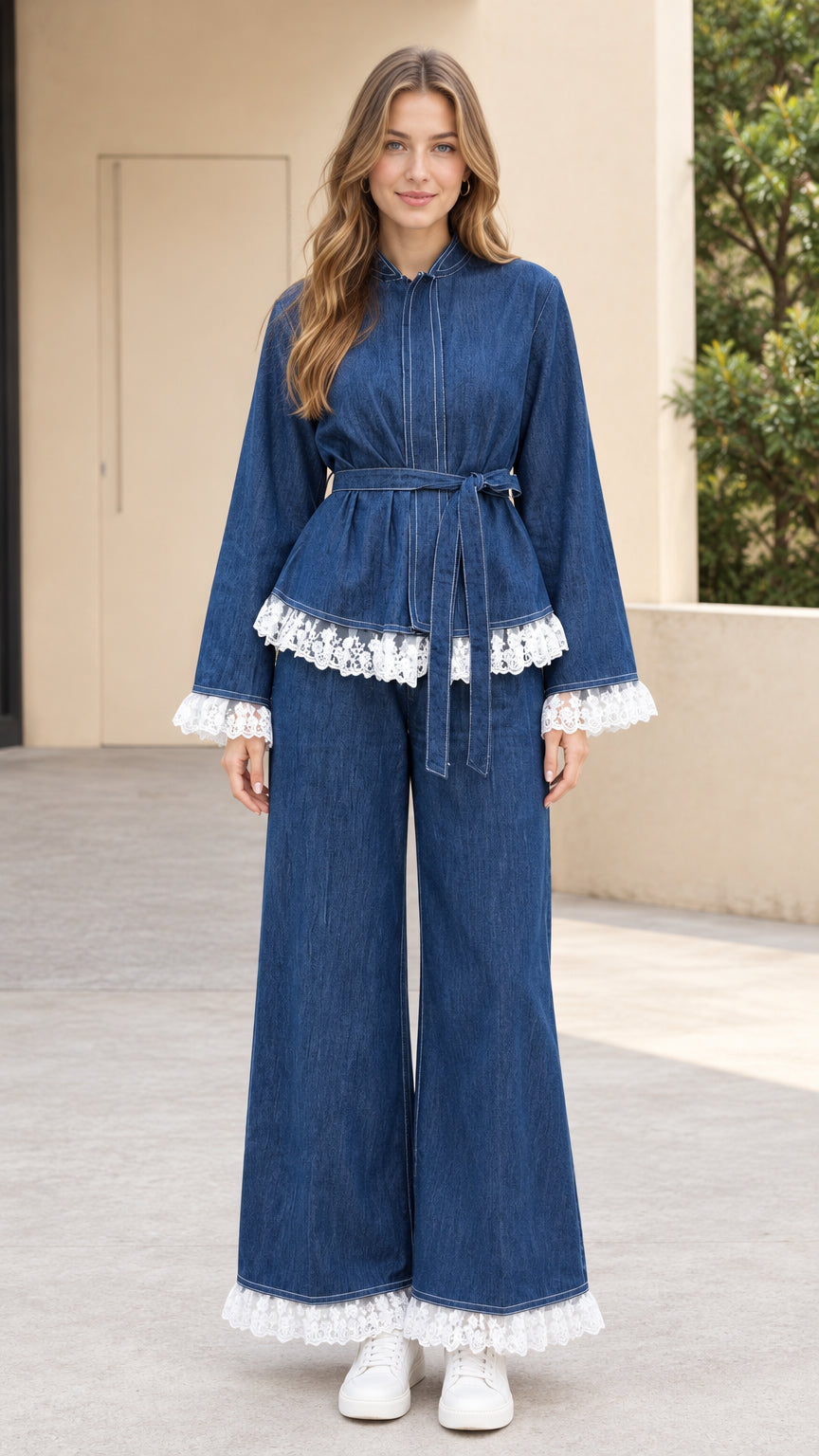 Front view of model wearing Denim Blue lace trim belted jacket and wide-leg pants set