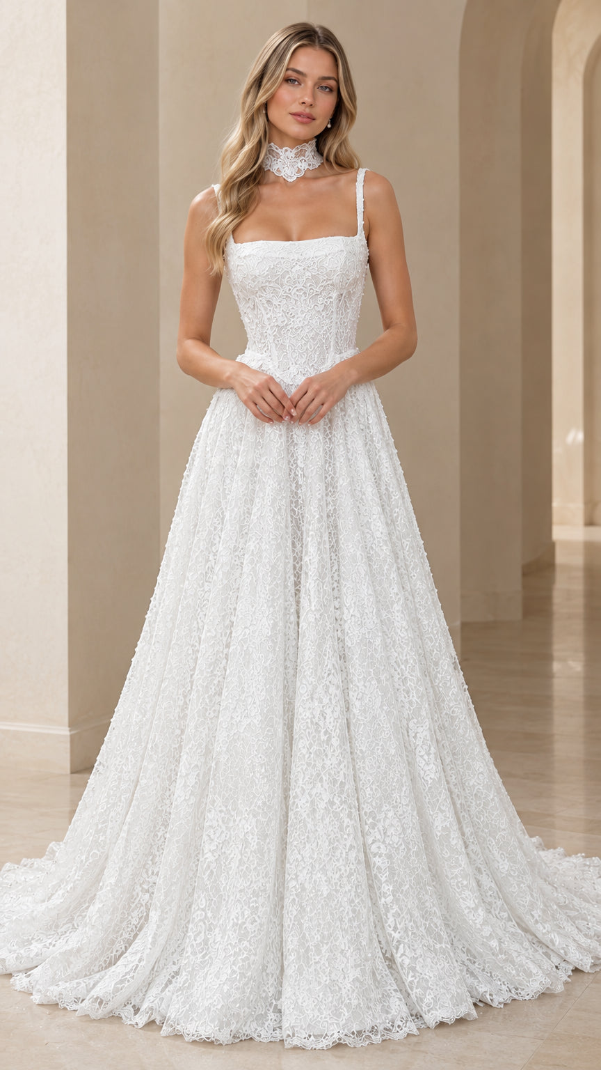 Front view of model wearing white square neck lace evening gown with matching choker