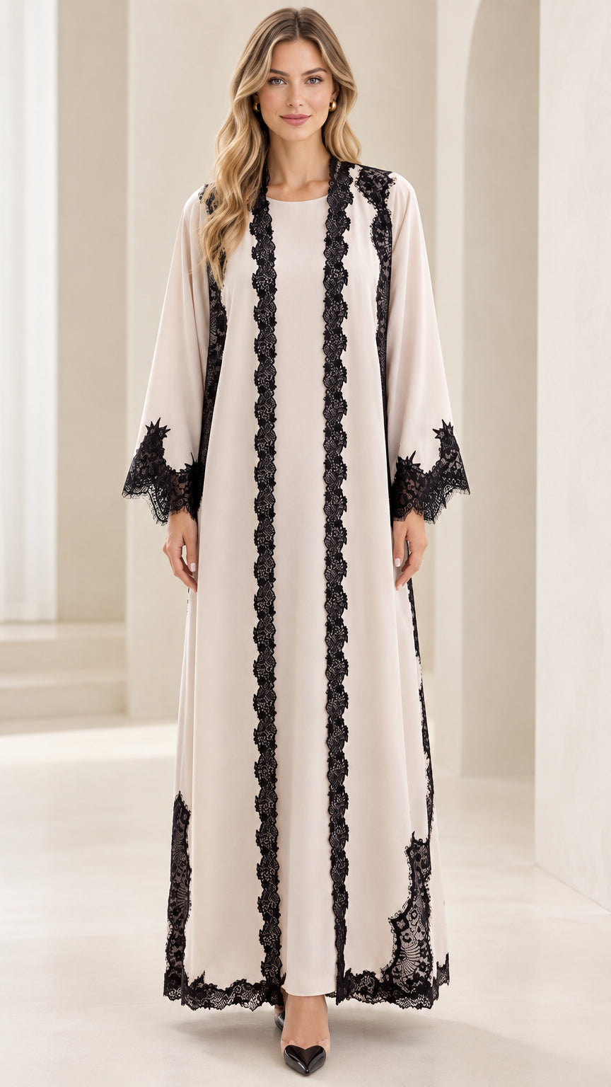 Front full-length view of cream modest maxi abaya dress with black lace trim