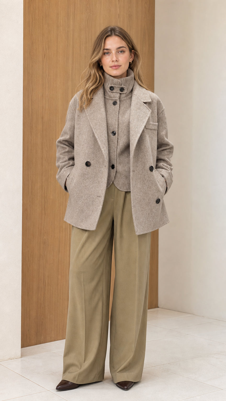 Full front view of women's oatmeal heather double-breasted peacoat with high knit collar and tailored wide-leg trousers