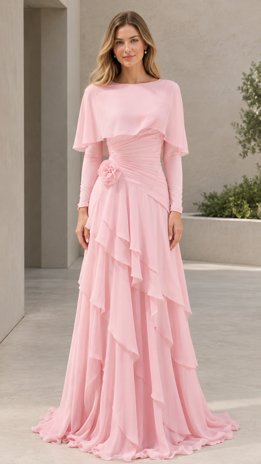 Front view of woman wearing Light Pink capelet tiered ruffle evening gown with long sleeves