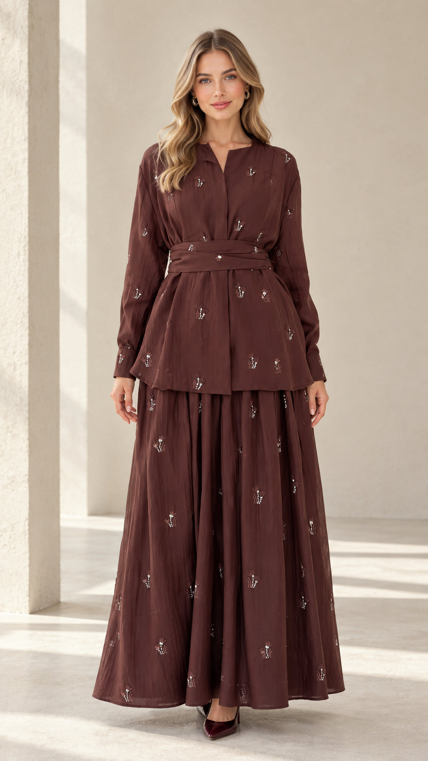 Front full view of brown embroidered belted tunic and maxi skirt two-piece set