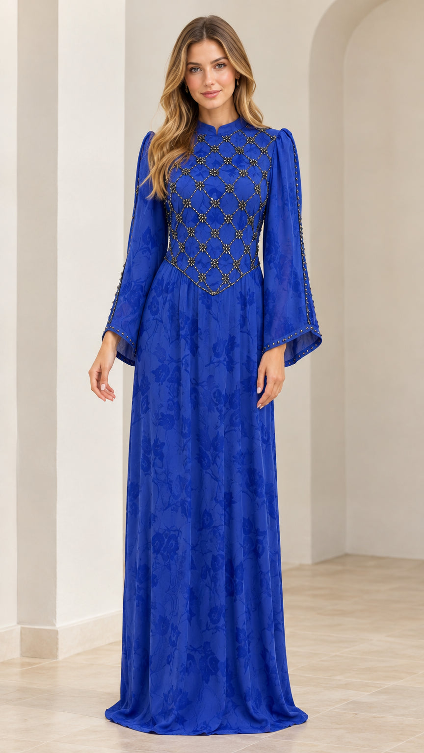 Royal Blue beaded jacquard maxi dress with flared bell sleeves front view