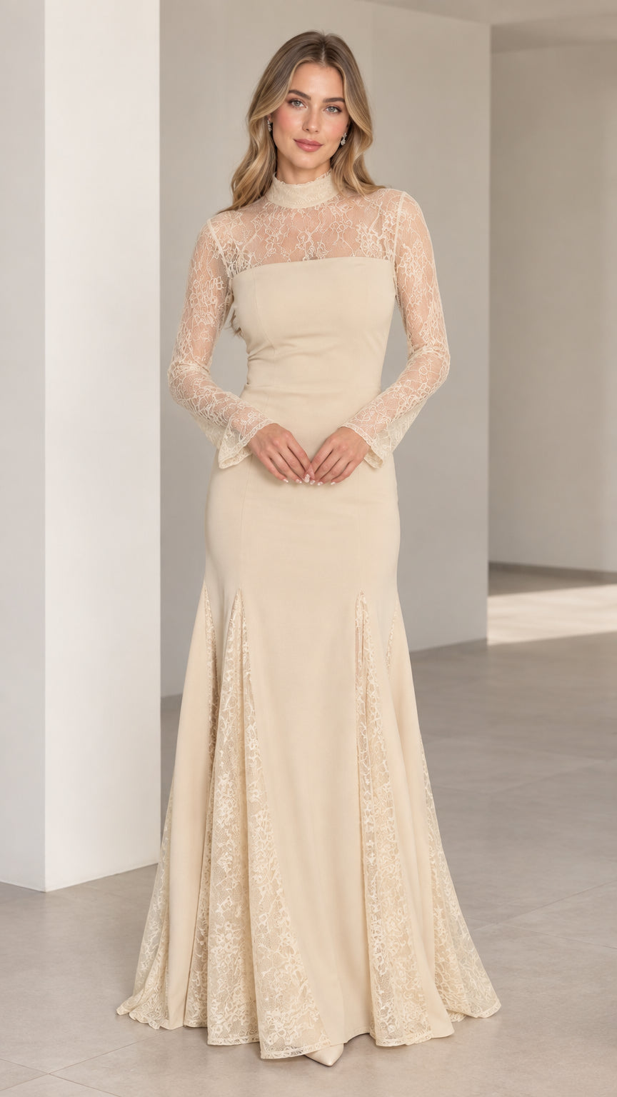 Front full-length view of woman wearing champagne lace mock neck mermaid evening gown