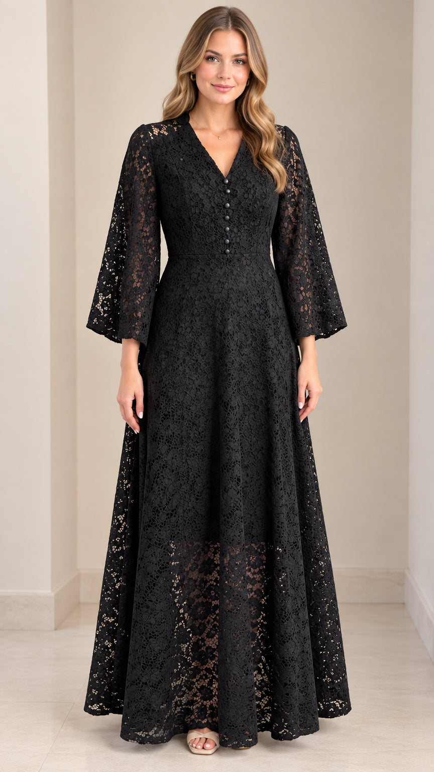 Front full view of woman wearing Black floral lace bell sleeve maxi dress