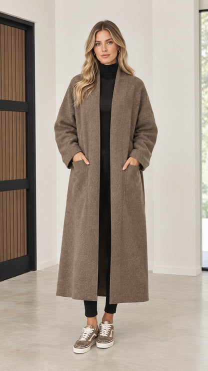 Front view of model wearing mocha open front longline maxi coatigan