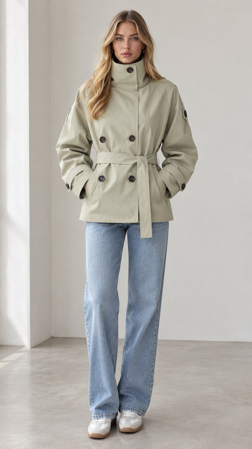 Model wearing sage green short belted trench coat with high stand collar and wide-leg jeans