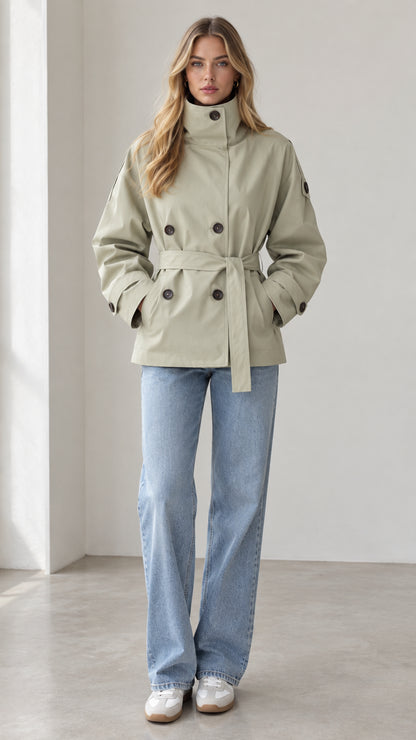 Model wearing sage green short belted trench coat with high stand collar and wide-leg jeans