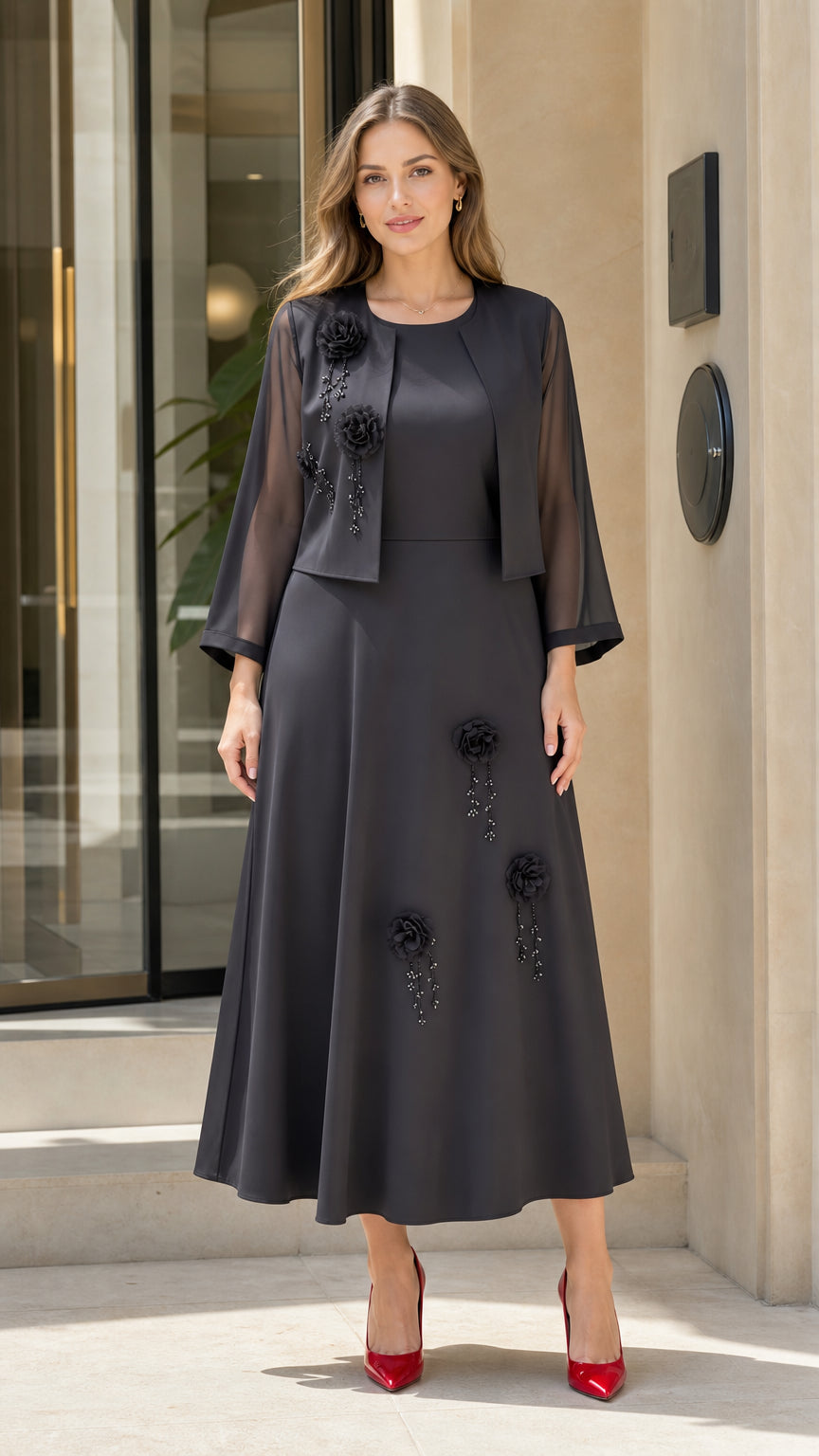 Front view of Charcoal Grey 2-piece formal maxi dress set with bolero jacket and floral appliqué