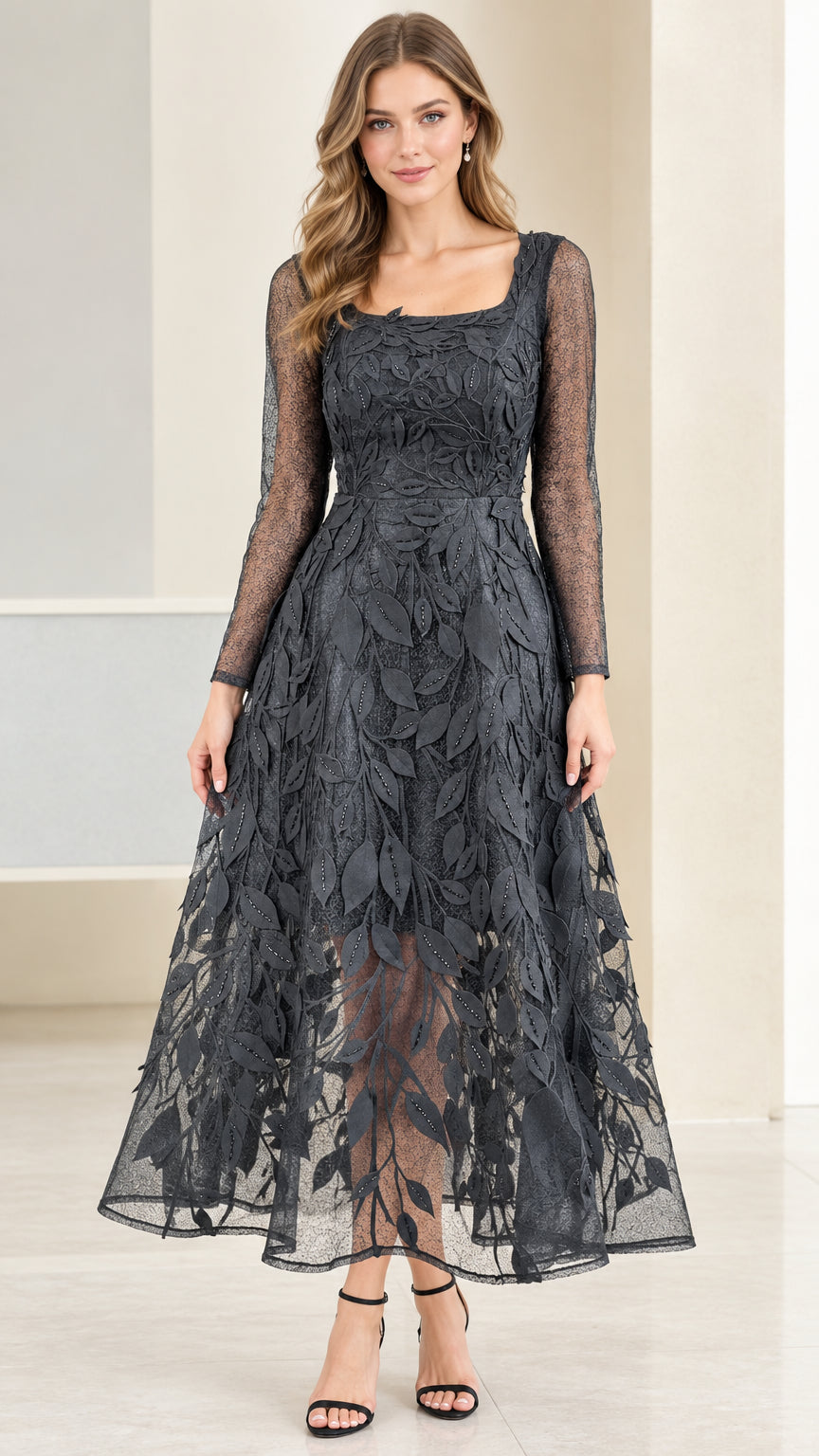 Front view of Charcoal Grey long sleeve square neck embroidered leaf lace evening dress