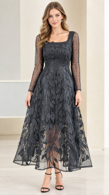 Front view of Charcoal Grey long sleeve square neck embroidered leaf lace evening dress