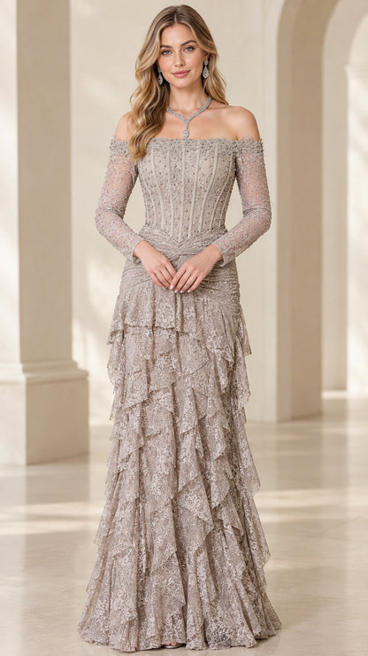 Taupe off-the-shoulder beaded corset lace evening gown with long sleeves and tiered ruffle skirt - Front view