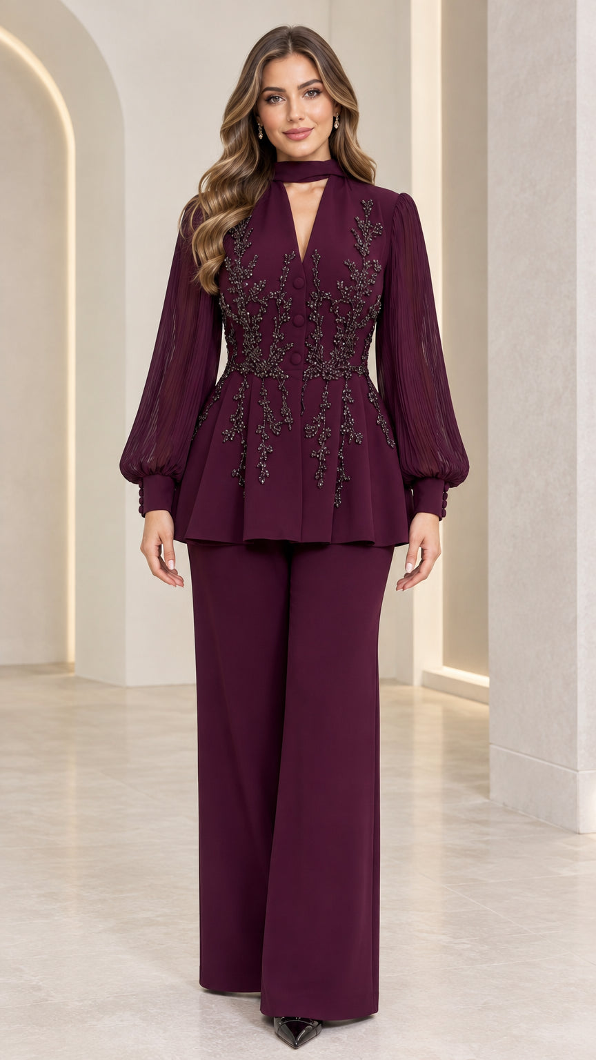 Front full view of burgundy beaded peplum top and wide-leg evening pant suit