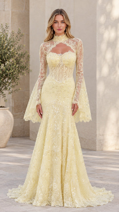Front view of model wearing light yellow high-neck lace mermaid evening gown with bell sleeves