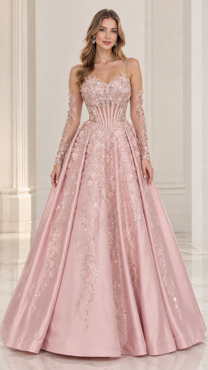 Front view of Blush Pink floral applique corset ball gown with sheer sleeves