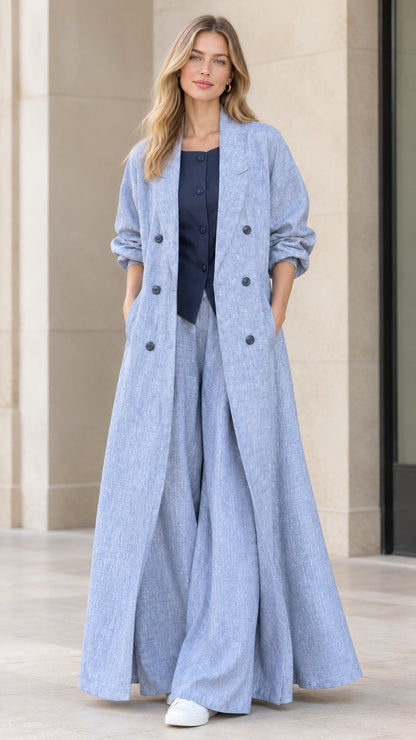 Full front view of women's light blue maxi duster coat and wide-leg trousers set