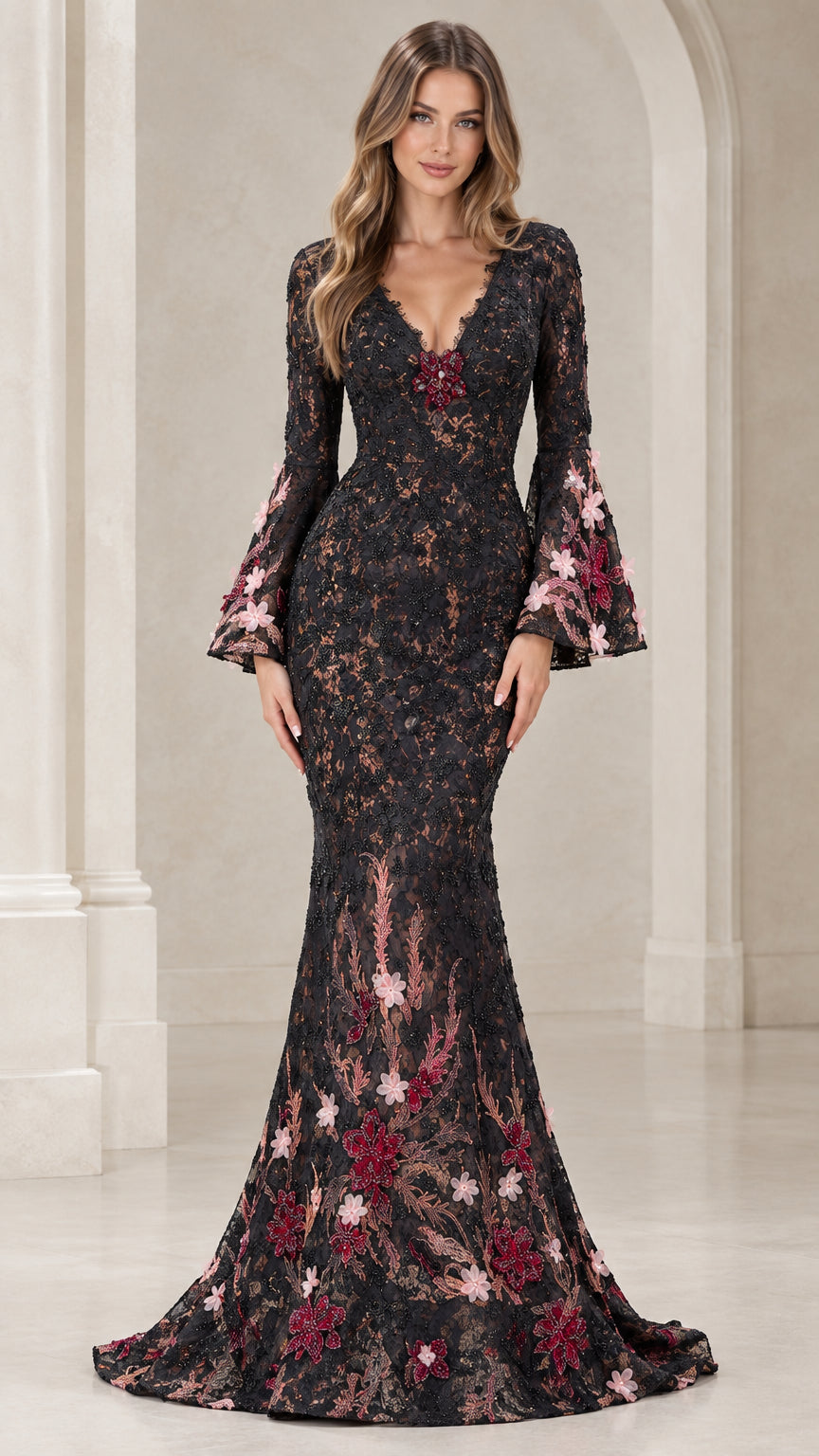 Front view of black floral appliqué lace mermaid evening gown with bell sleeves