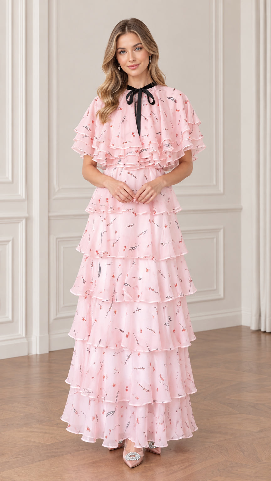 Pink floral tiered chiffon maxi dress with capelet overlay and bow tie front view