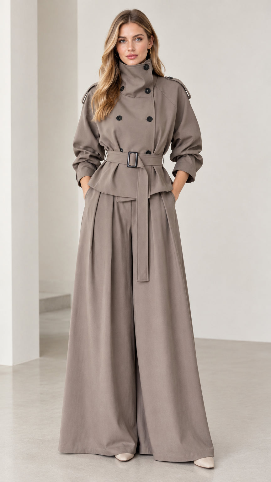 Full front view of women's taupe belted trench jacket and wide-leg trousers set